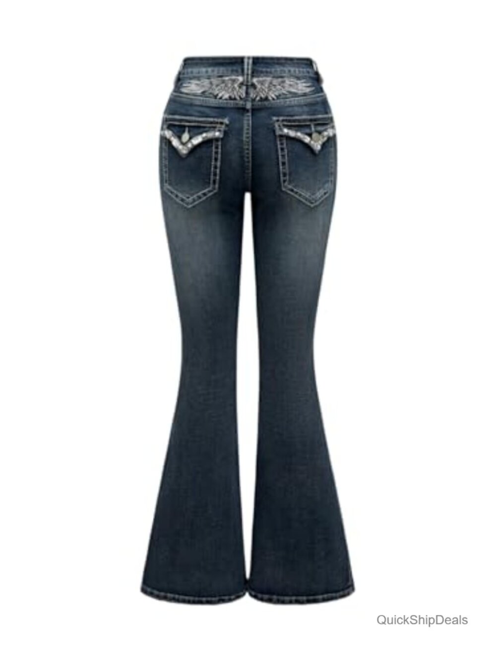 Goth Punk Rhinestone Embroidered Flare Jeans Low Rise Denim Pants